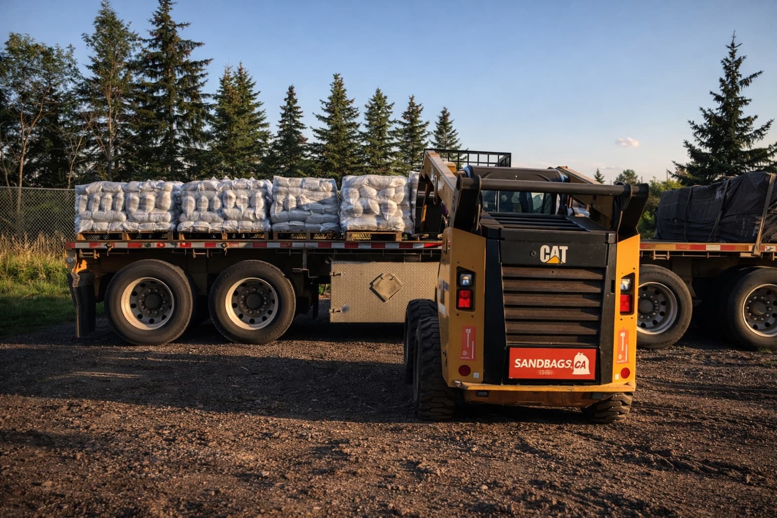 Flatbed trailer loaded with sandbag pallets